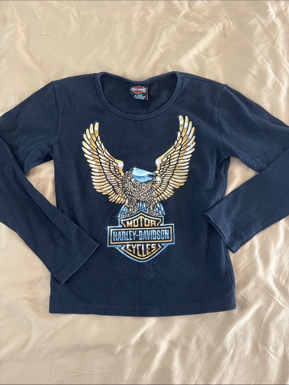 Vintage Harley-Davidson Black Long-Sleeve Tee with Gold & Blue Eagle Graphic